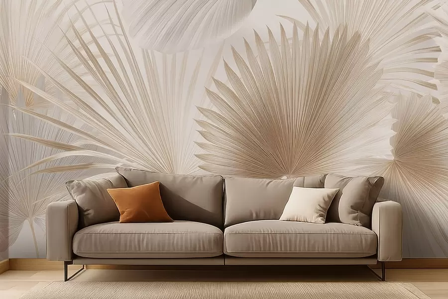 Fototapety Mäkké vejáre z tropických listov v svetlých béžových a modrastých tónoch w09084