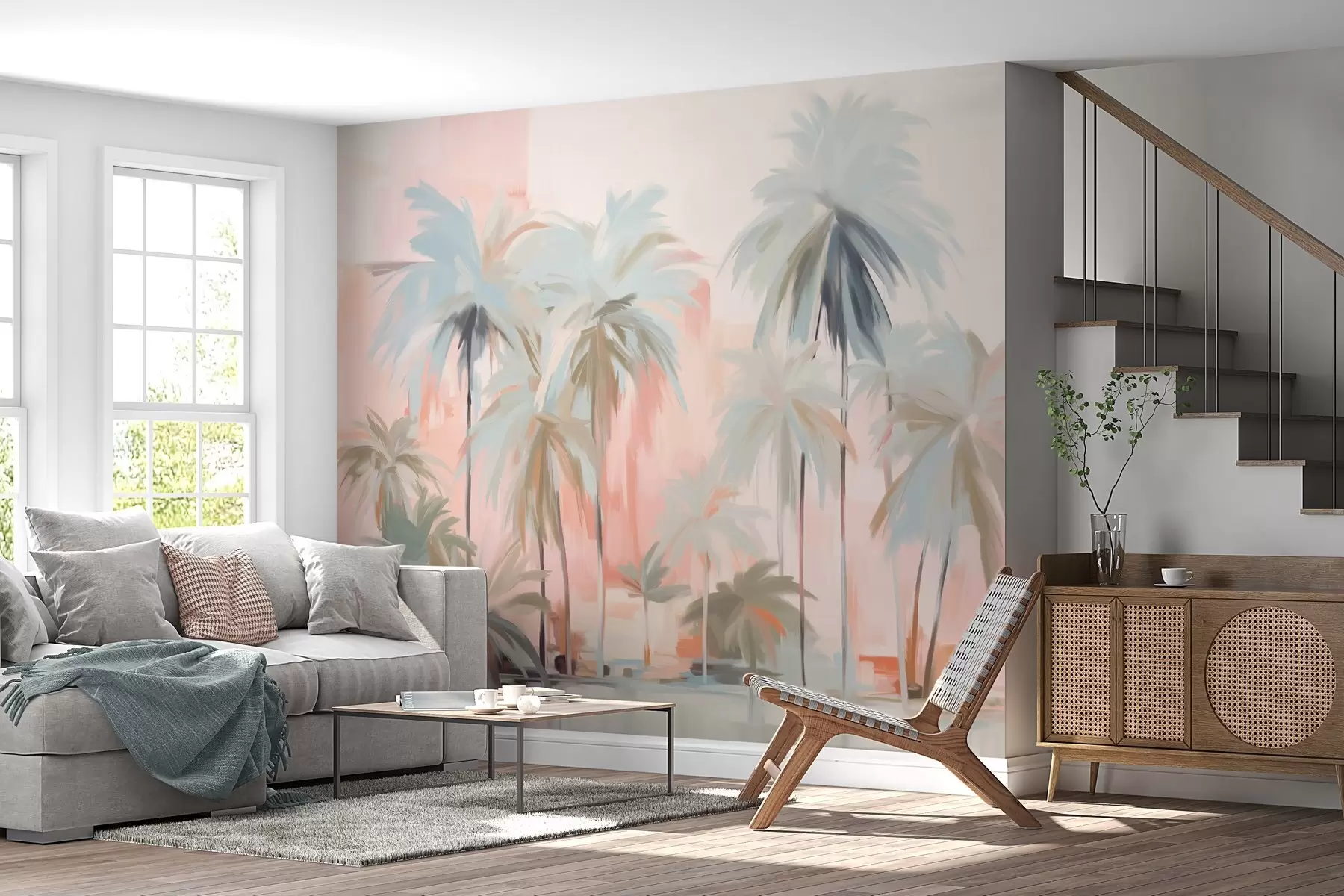 Fototapety Abstraktné minimalistické pastelové tropické palmy na pozadí jemných ružových a broskyňových odtieňov w09212