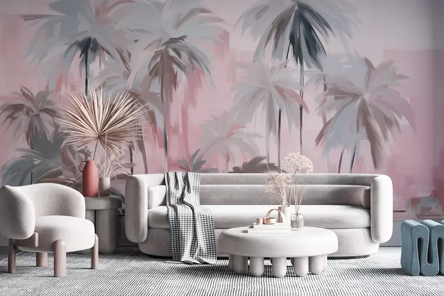 Fototapety Abstraktné minimalistické pastelové tropické palmy na pozadí tlmených ružových a sivých odtieňov w09212v1