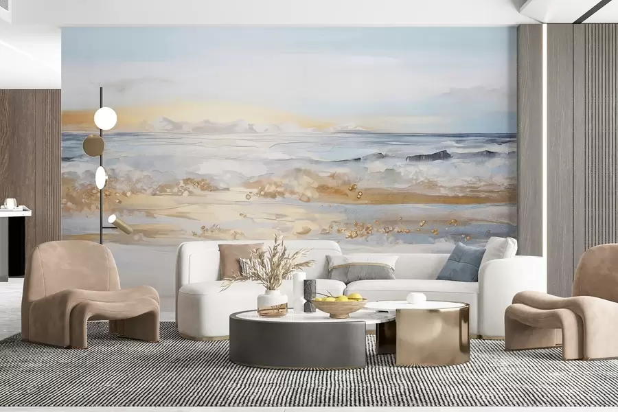 Fototapety Abstraktná textúrovaná krajina oceánske vlny narážajúce na piesočnatú pláž, jemné pastelové farby, modrá obloha s ľahkými mrakmi w09234