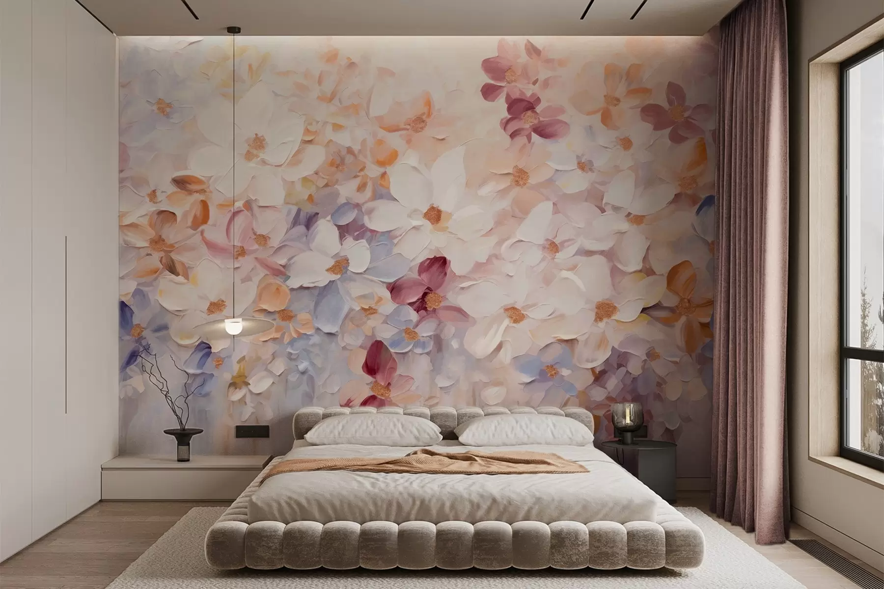 Fototapety Olejomaľba imitujúca kvetinovú záhradu s bielymi, ružovými a oranžovými kvetmi, jemné ťahy štetcom, pastelové tlmené farby w09236