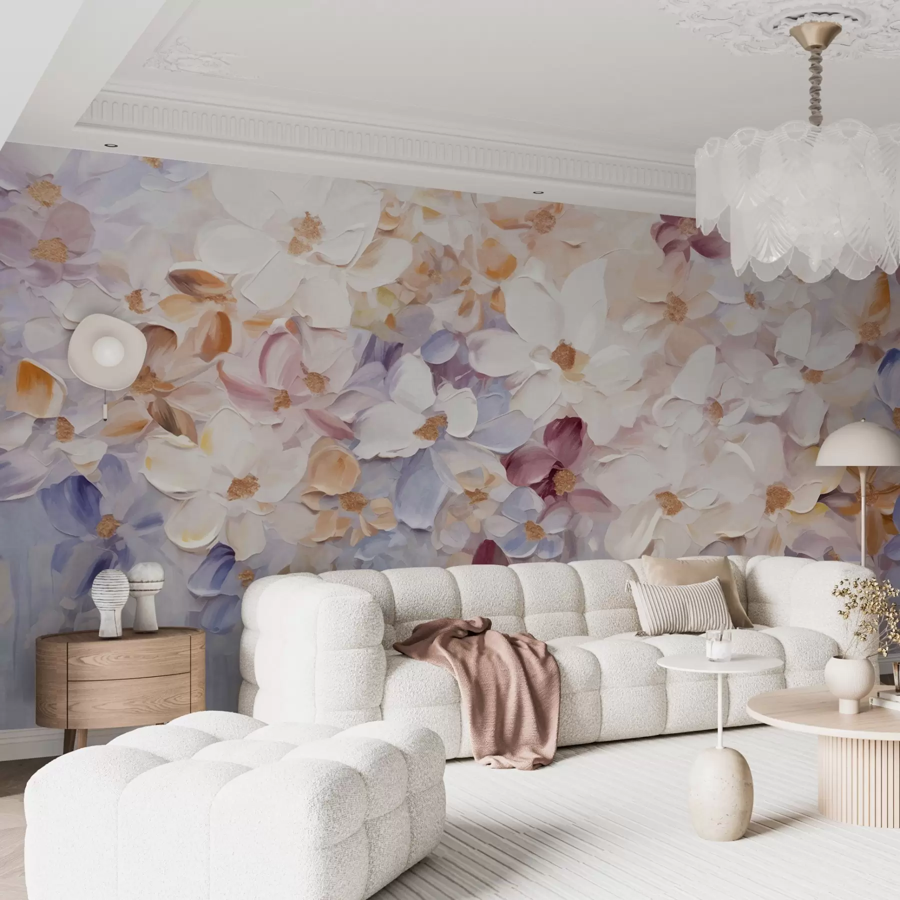 Fototapety Olejomaľba imitujúca kvetinovú záhradu s bielymi, ružovými a oranžovými kvetmi, jemné ťahy štetcom, pastelové tlmené farby w09236