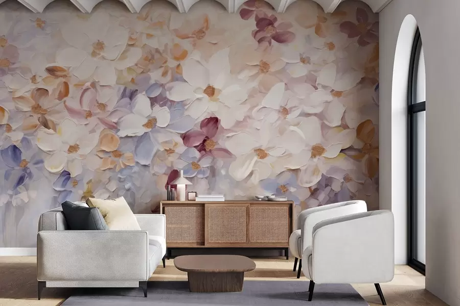 Fototapety Olejomaľba imitujúca kvetinovú záhradu s bielymi, ružovými a oranžovými kvetmi, jemné ťahy štetcom, pastelové tlmené farby w09236