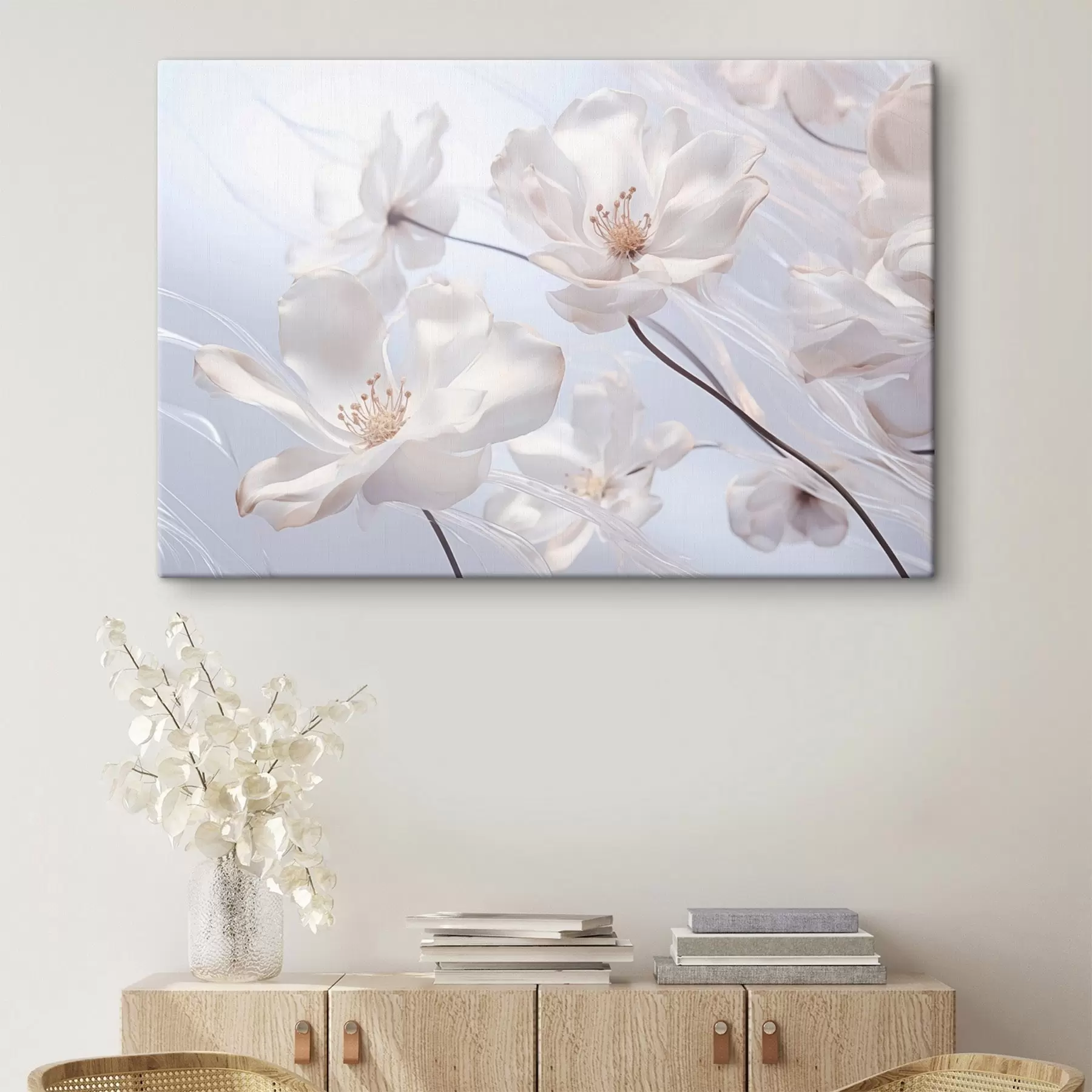 Obraz Biele kvety s priesvitnými okvetnými lístkami, jemné svetlomodré pozadie, elegantné, romantické, jemné, zasnené  s44931