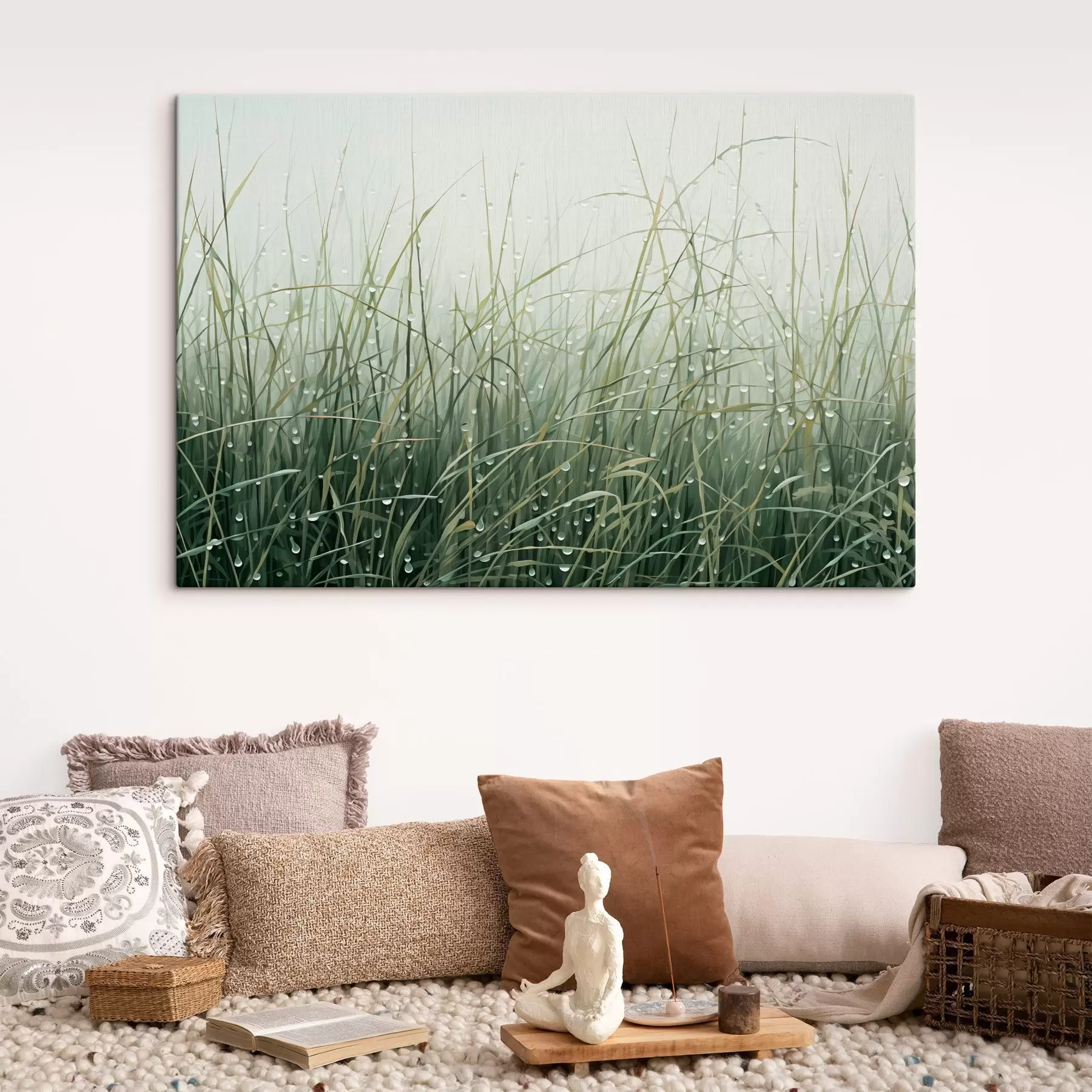 Obraz Tráva s kvapkami vody, zelené odtiene, mäkké svetlo, hmlisté pozadie, abstraktný minimalistický textúrovaný štýl s44932