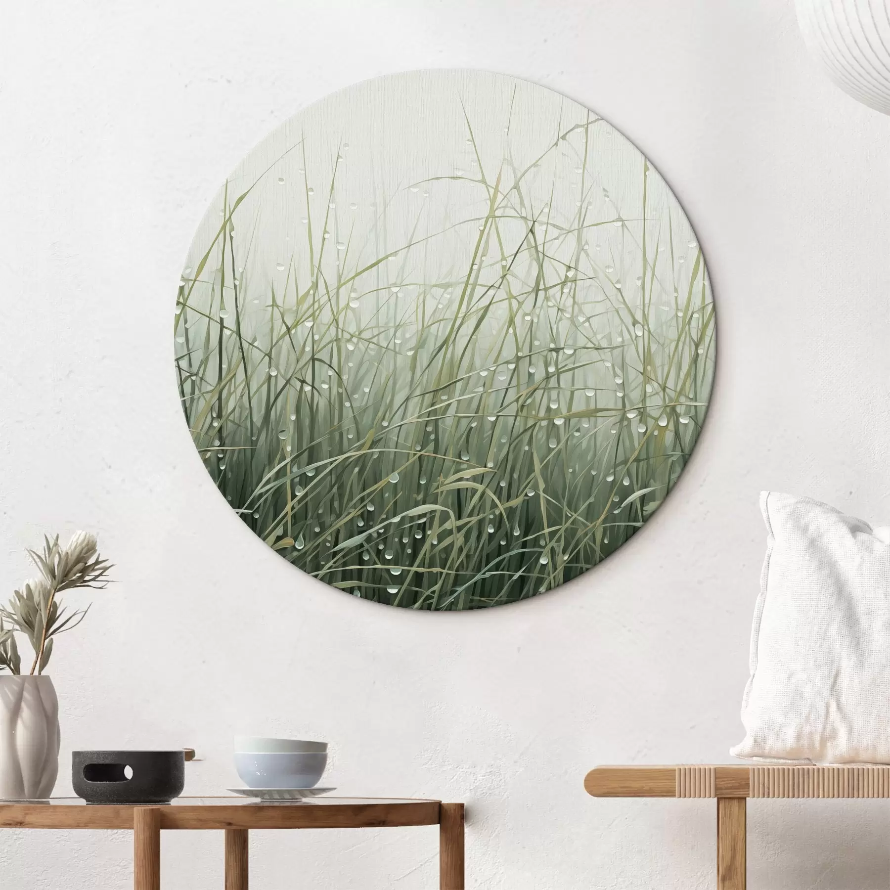 Obraz Tráva s kvapkami vody, zelené odtiene, mäkké svetlo, hmlisté pozadie, abstraktný minimalistický textúrovaný štýl r44932