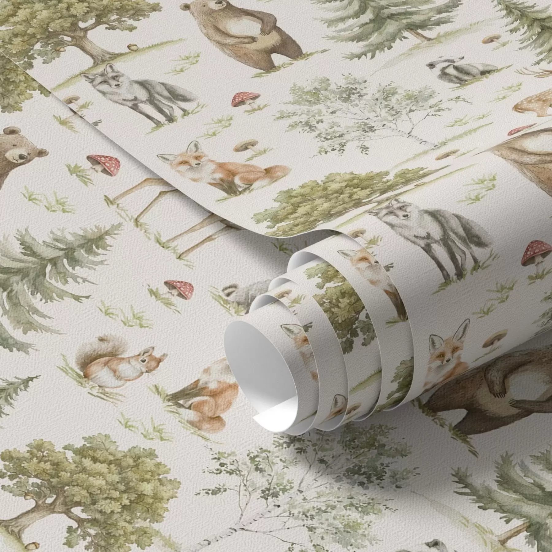 Fototapety Lesné zvieratá v jemnom akvarelovom štýle, stromy a huby a00212