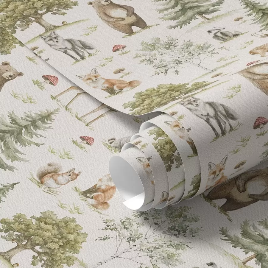 Fototapety Lesné zvieratá v jemnom akvarelovom štýle, stromy a huby a00212