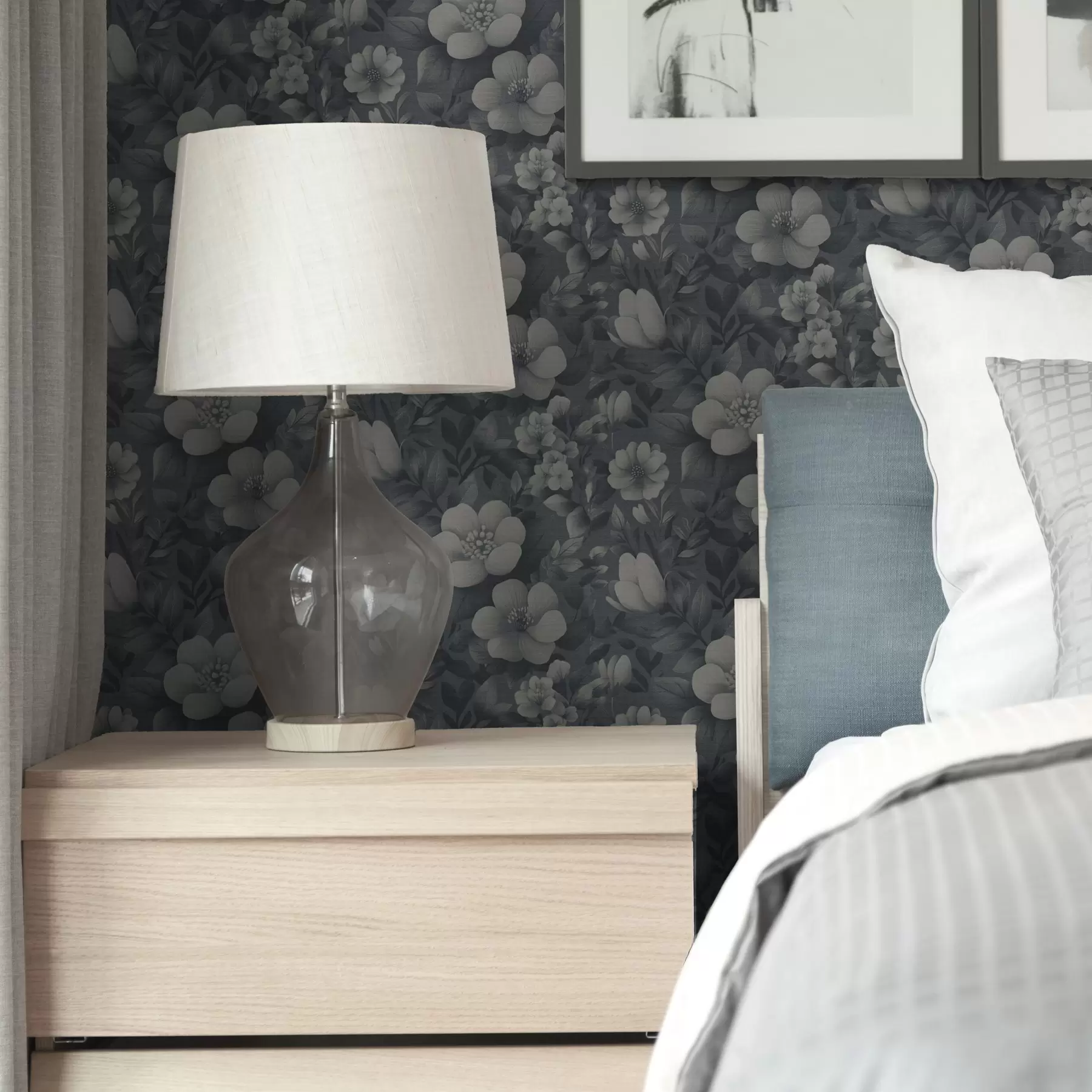 Fototapety Tmavomodrý vzor s objemnými bielymi kvetmi a00282