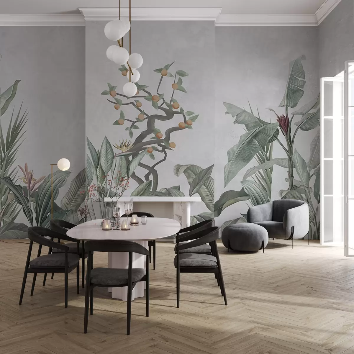 Fototapety Tropické rastliny s oranžovým stromom na svetlom pozadí w04201