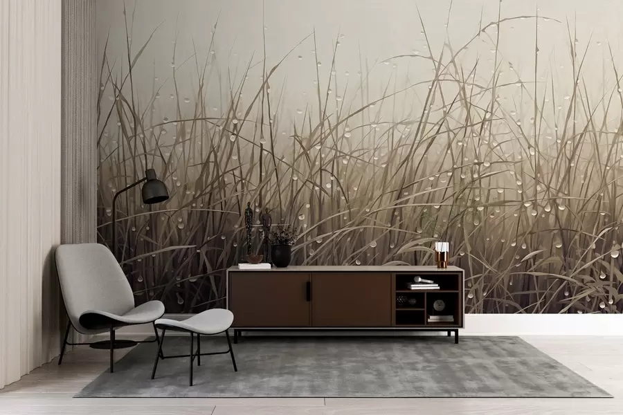 Fototapety Tráva s kvapkami vody, tlmené hnedé odtiene, mäkké svetlo, hmlisté pozadie, abstraktný minimalistický textúrovaný štýl w09217v1