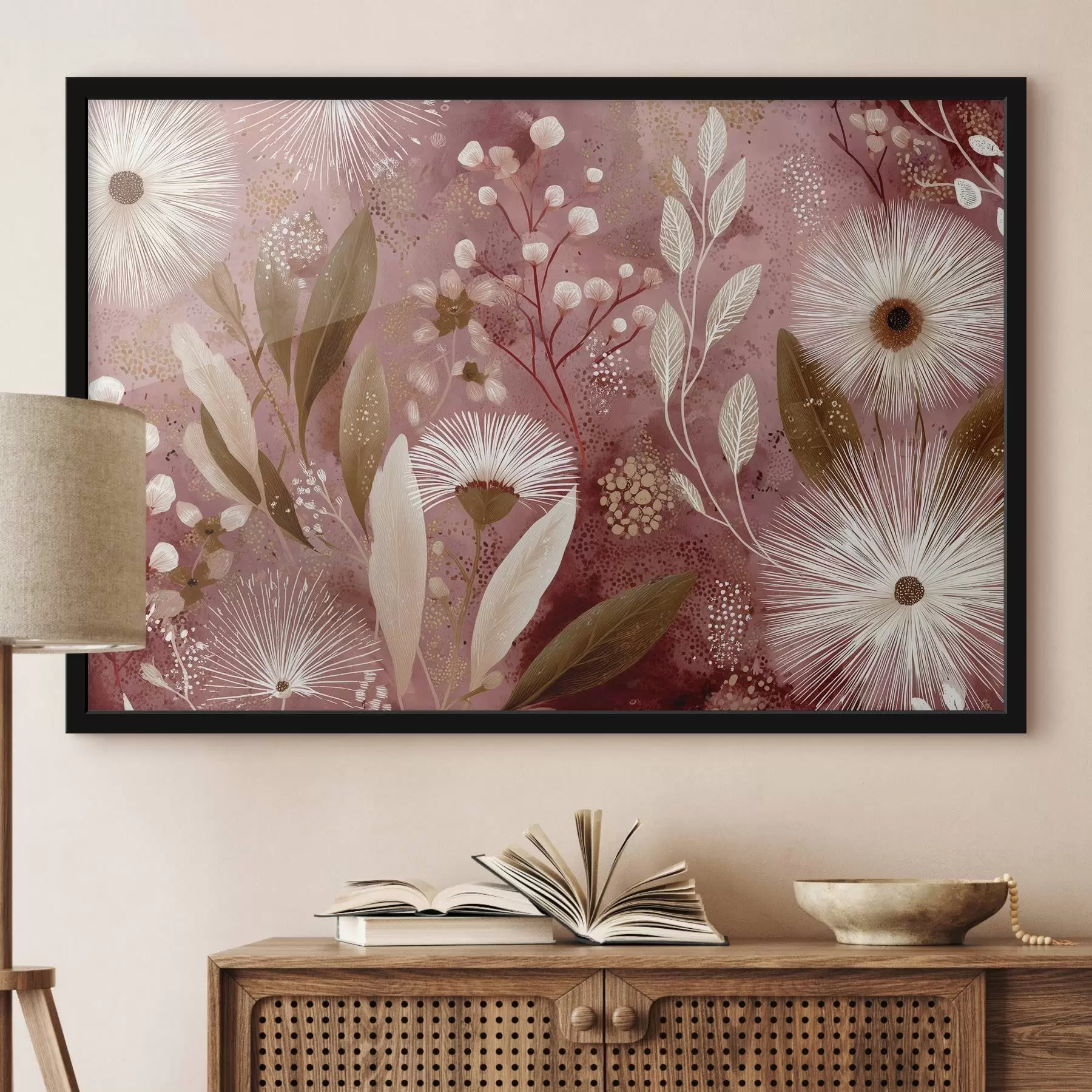 Fototapety Biele kvety v boho štýle na červenom pozadí, detailná kresba f44979