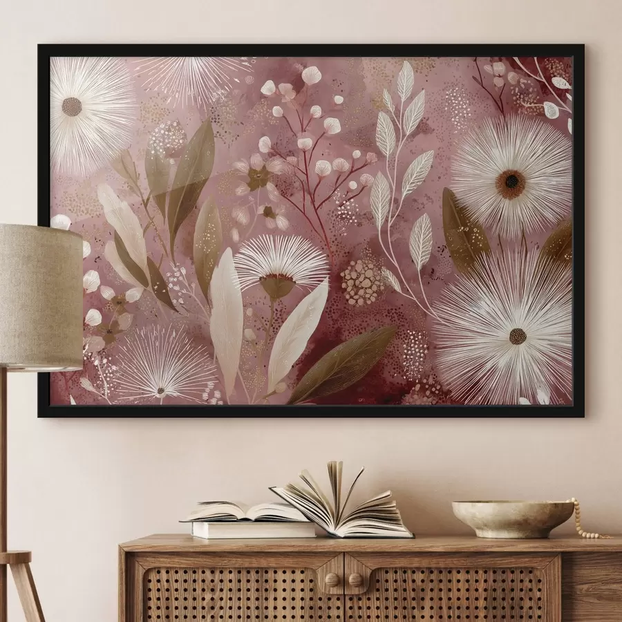 Fototapety Biele kvety v boho štýle na červenom pozadí, detailná kresba f44979
