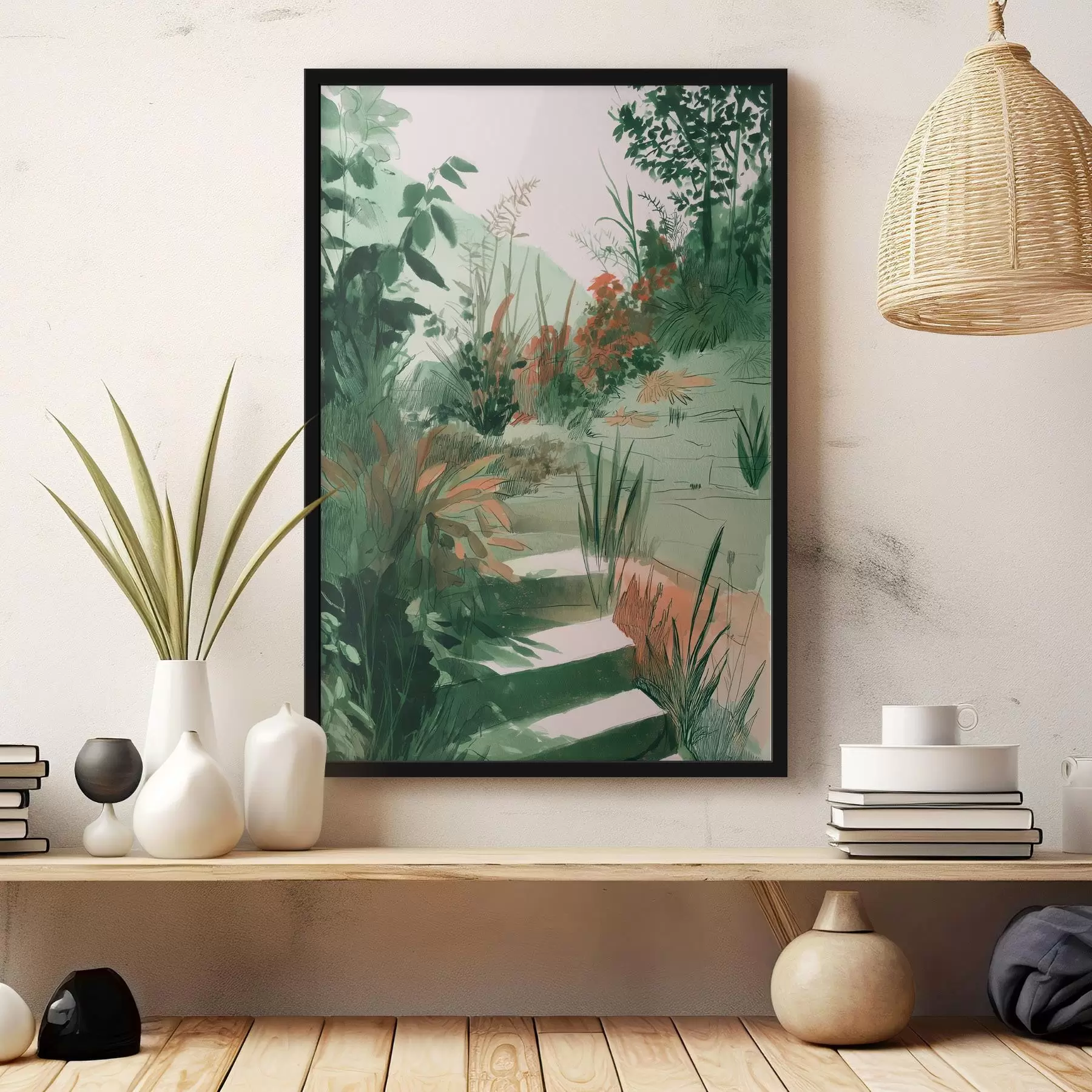 Fototapety Orientálna záhrada s kríkmi a stromami, zelené farby f44982