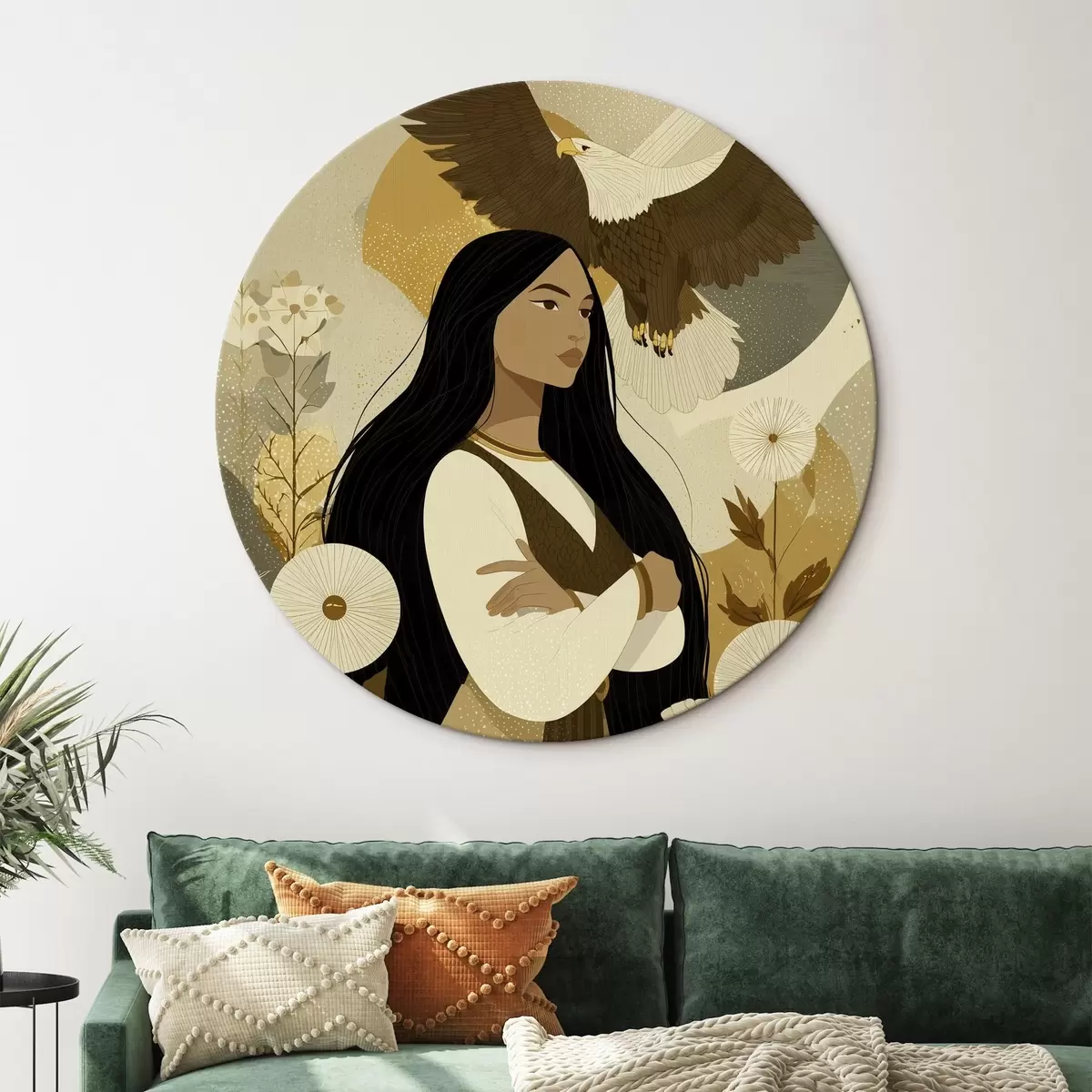 Okrúhle obrazy Žena s lietajúcim orlom, kmeňový štýl, béžové farby r44977