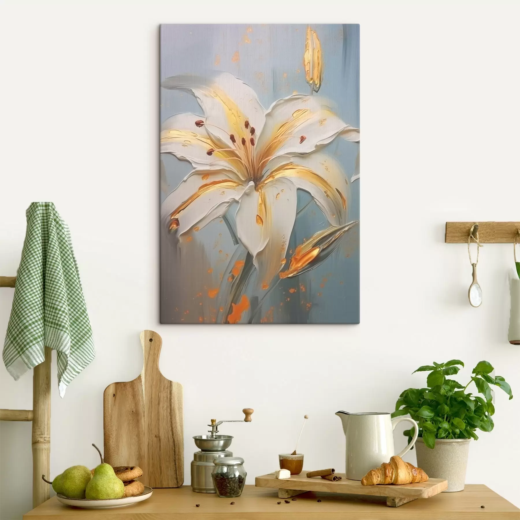 Obraz Biela ľalia so žltými ťahmi na modrom pozadí s45077