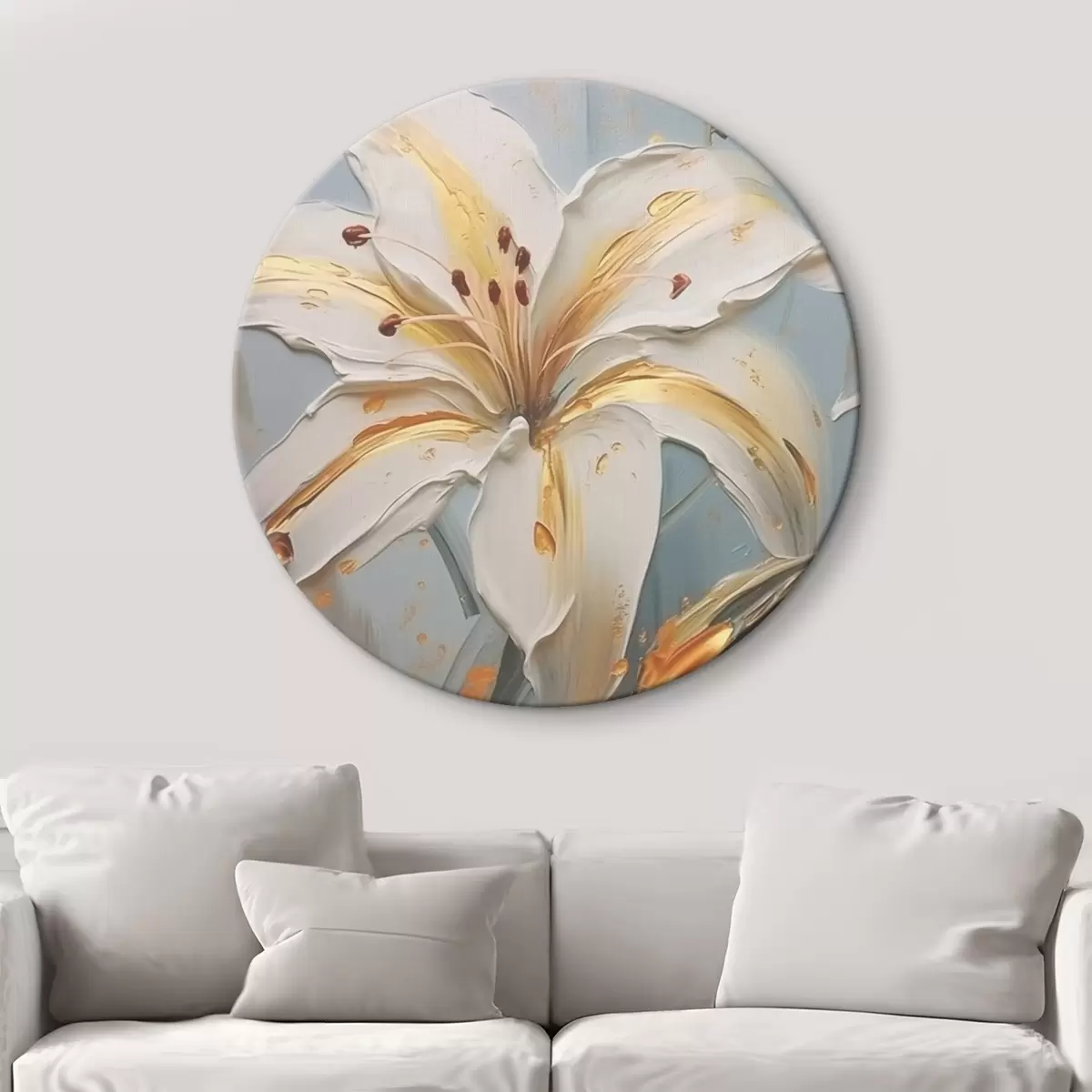 Okrúhle obrazy Biela ľalia so žltými ťahmi na modrom pozadí r45077