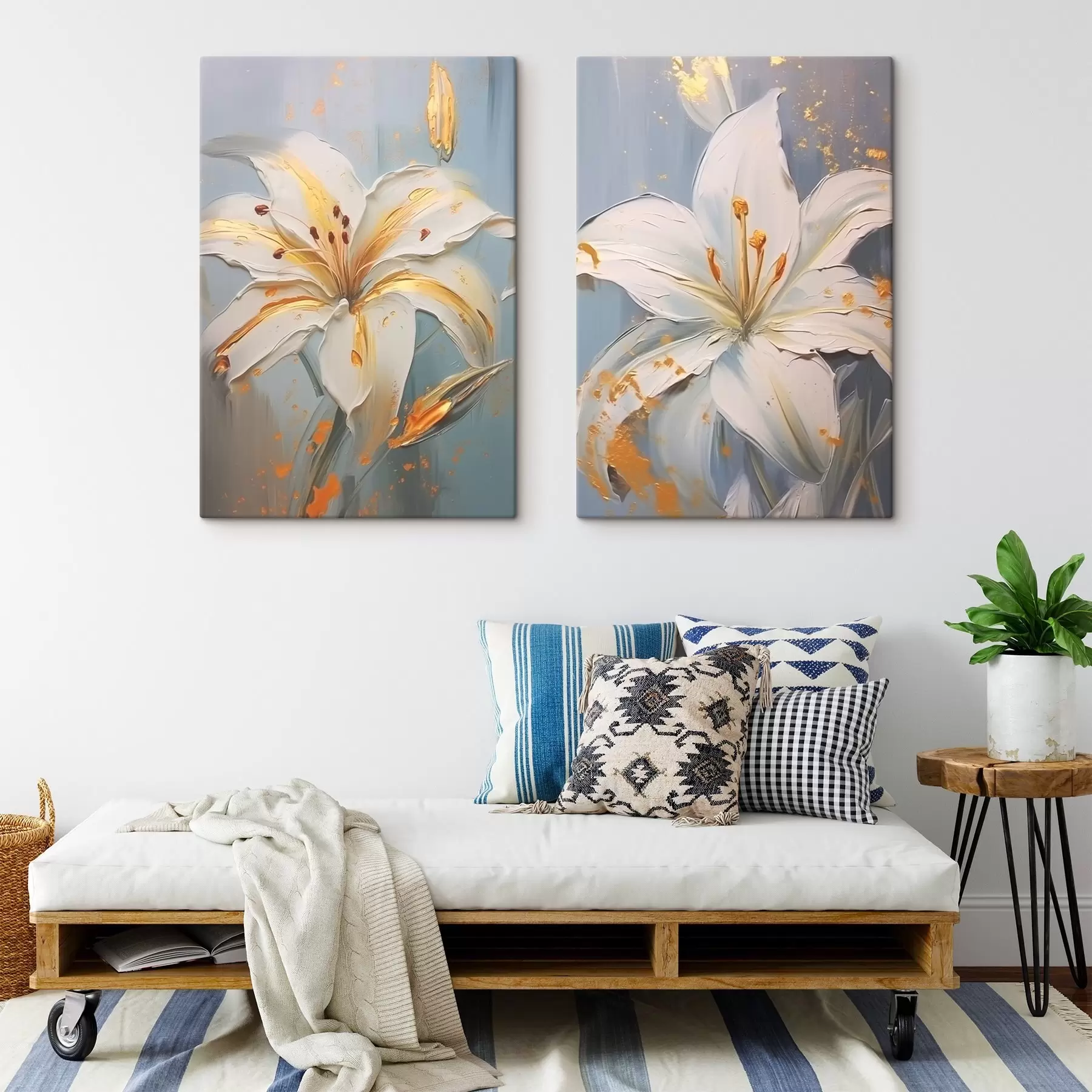 Obraz Biele ľalie so žltými ťahmi na modrom pozadí m00497