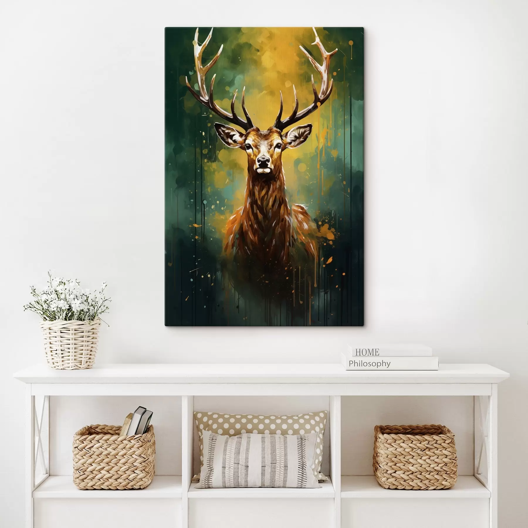 Obraz jeleň, parohy, lesná zelená, oranžová striekačka, portrét zvieraťa, kvapkanie farby, odvážny, divoká zver s45111