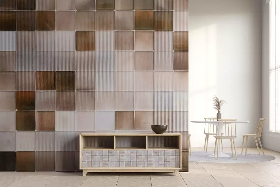 Fototapety Štvorcové mozaikové kamenné dlaždice v odtieňoch hnedej, béžovej a bielej s abstraktnou ryhovanou zrnitou hlučnou štruktúrou w09269