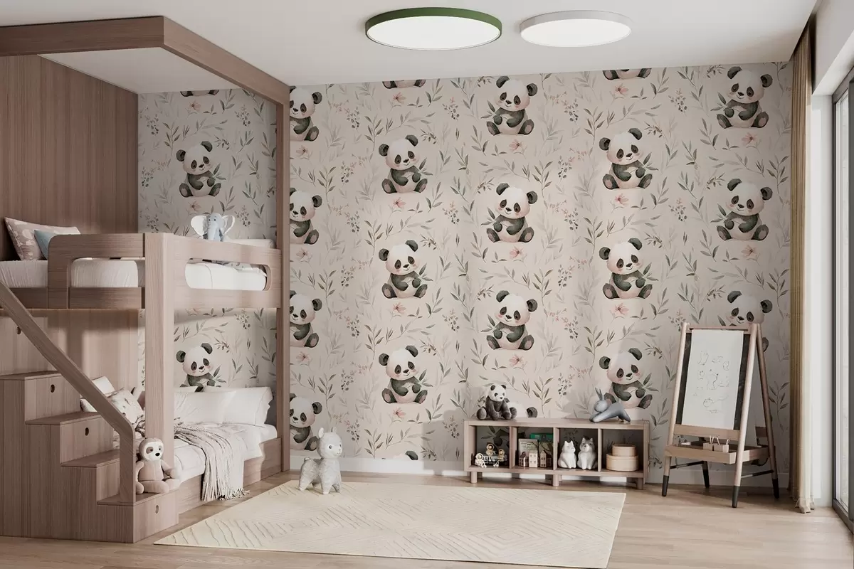 Fototapety roztomilé pandy v detskom štýle medzi rastlinami w04170