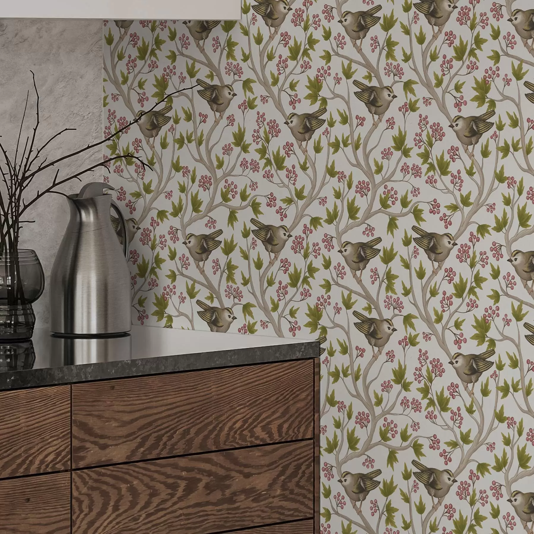 Fototapety Vtáky na konároch s listami a bobuľami na bielom pozadí a00283