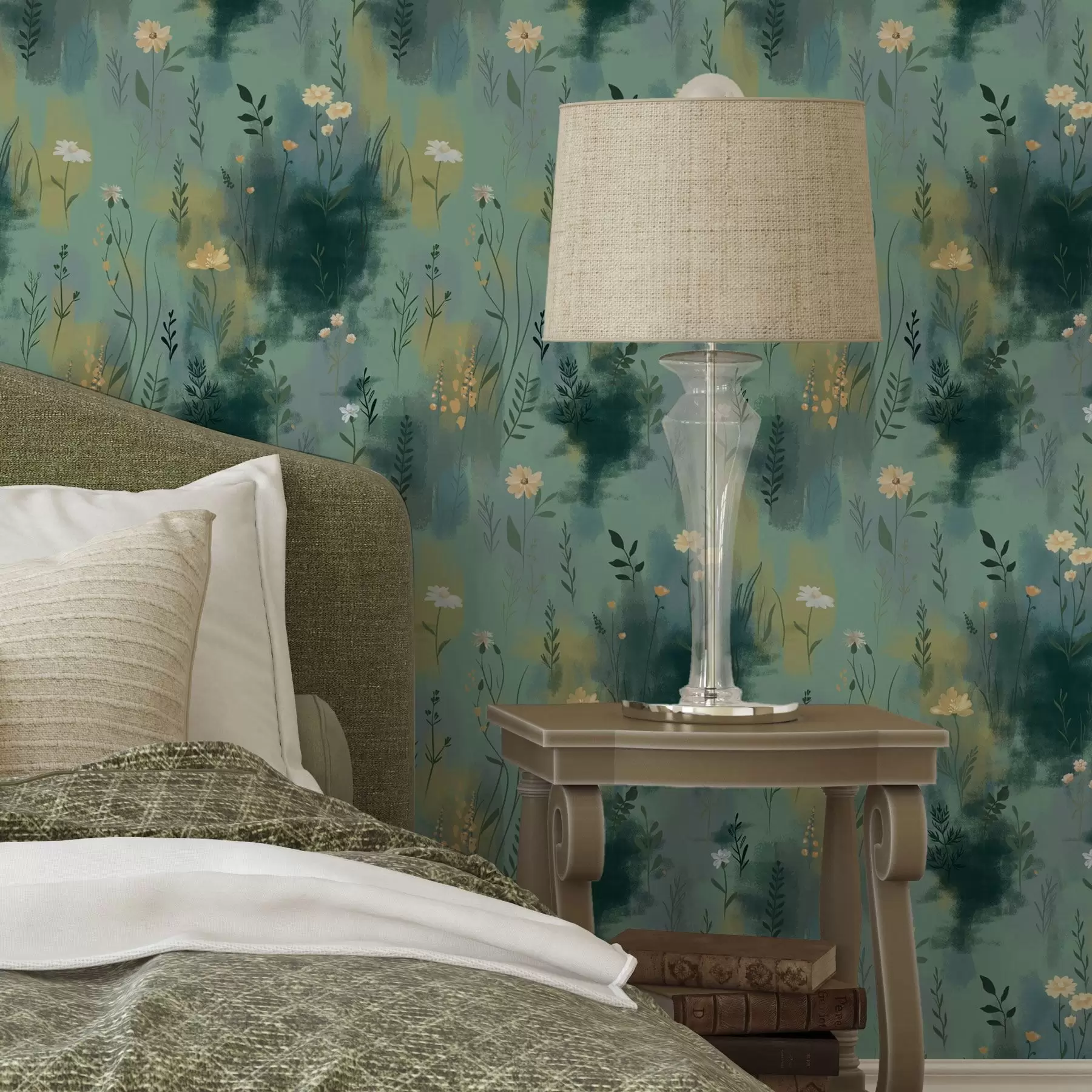 Fototapety Akvarelová abstrakcia s kvetmi na zelenom pozadí a00312