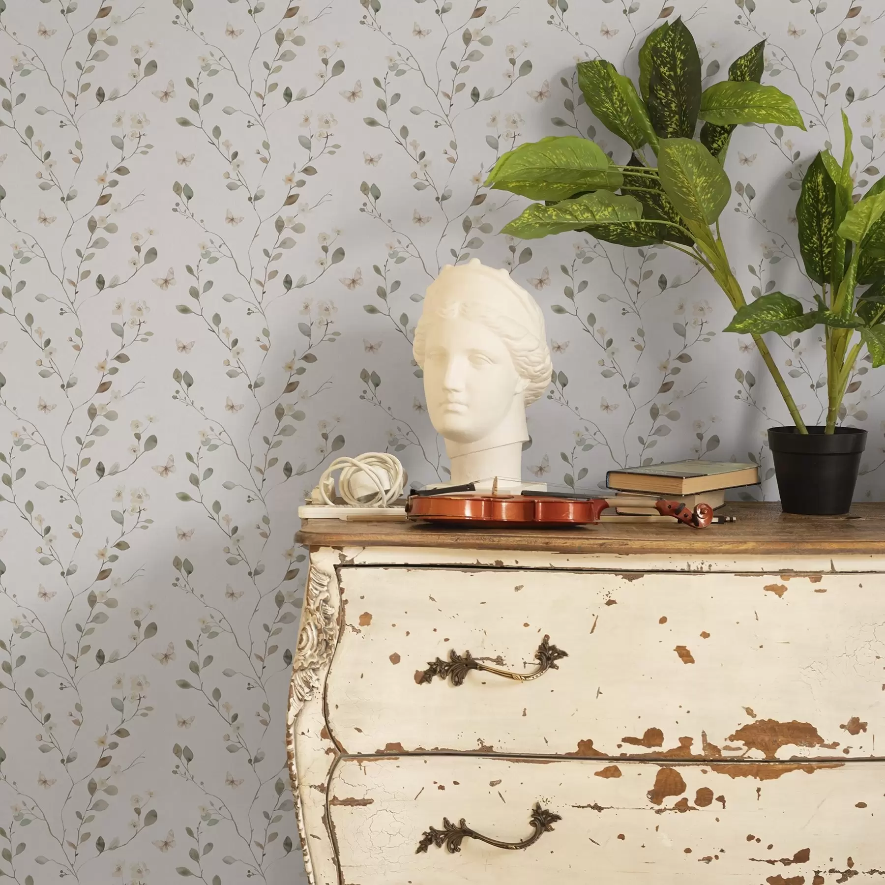 Fototapety Tenké konáre s kvetmi a motýľmi na bielom pozadí a00342