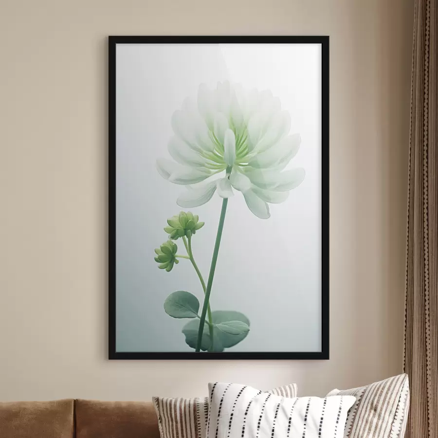 Fototapety Biely kvet ďateliny so zelenou stonkou a listami, mäkké osvetlenie, čisté pozadie, minimalistická kompozícia, botanické f45171