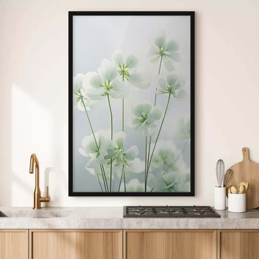 Fototapety Biele kvety ďateliny so zelenou stonkou a listami, mäkké osvetlenie, čisté pozadie, minimalistické zloženie, botanické f45172