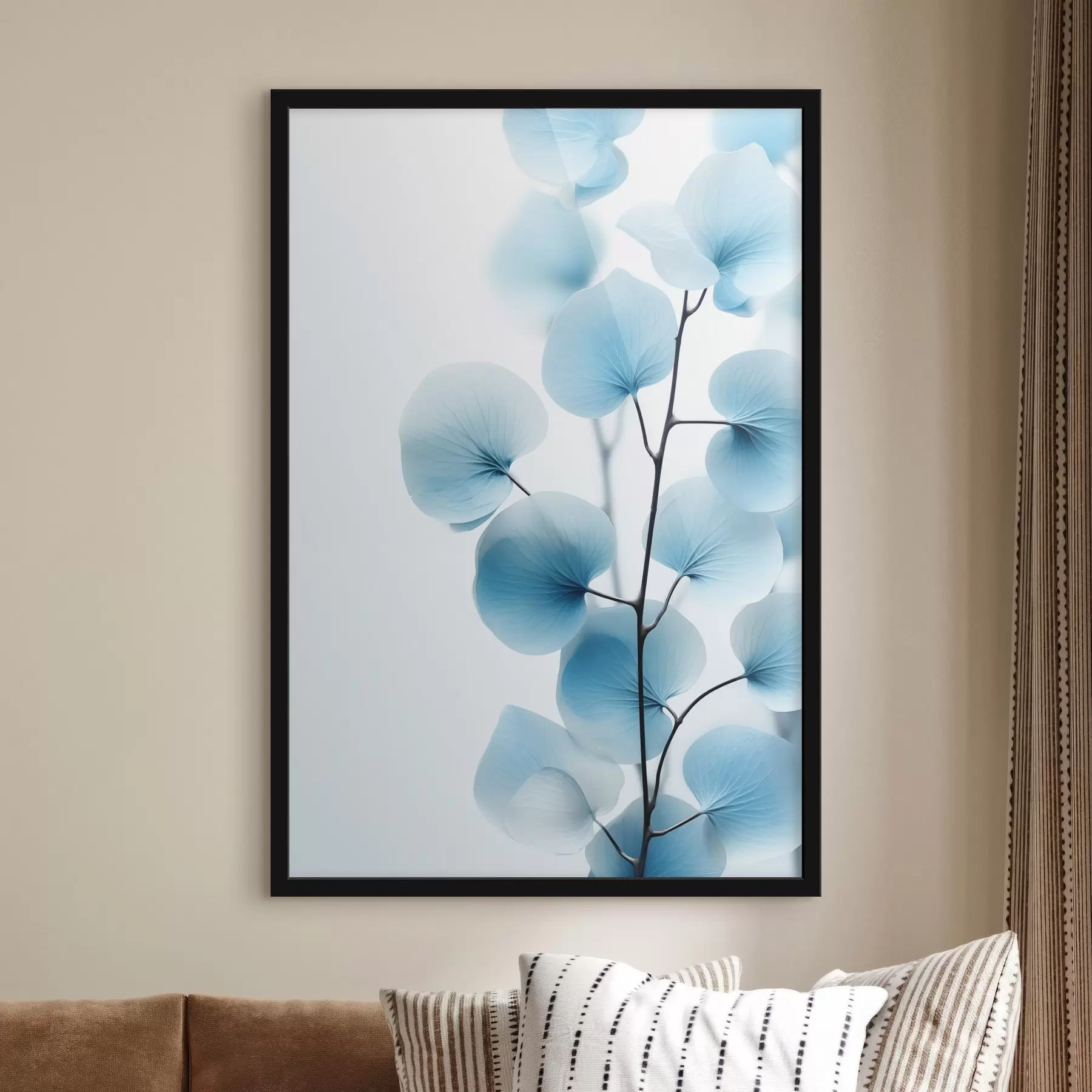 Fototapety Vetva s priesvitnými modrými listami, viditeľné jemné žilky, ľahká a pokojná kompozícia, minimalistická estetika f45176