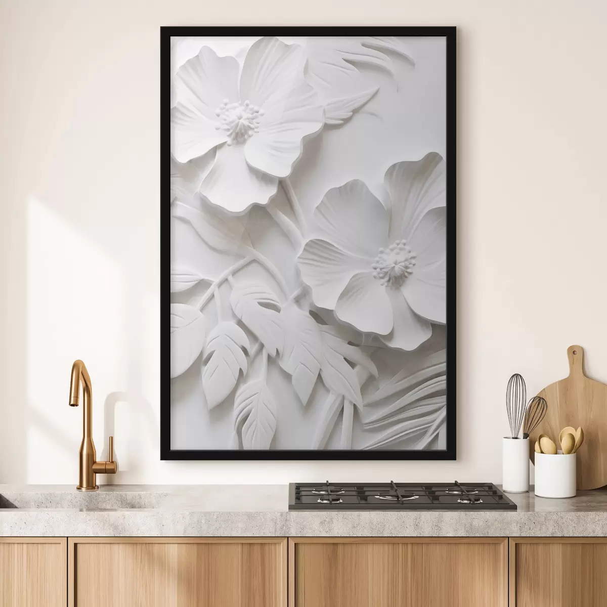 Plagáty Dekoratívne minimalistické biele kvety s listami, imitácia reliéfu, biele pozadie f45179