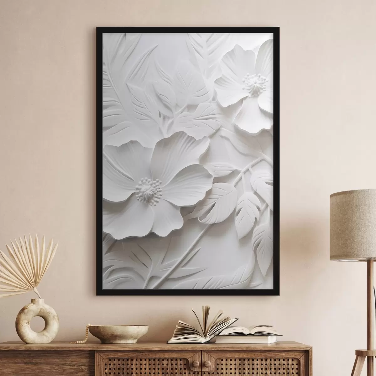Plagáty Dekoratívne minimalistické biele kvety s listami, imitácia reliéfu, biele pozadie f45180