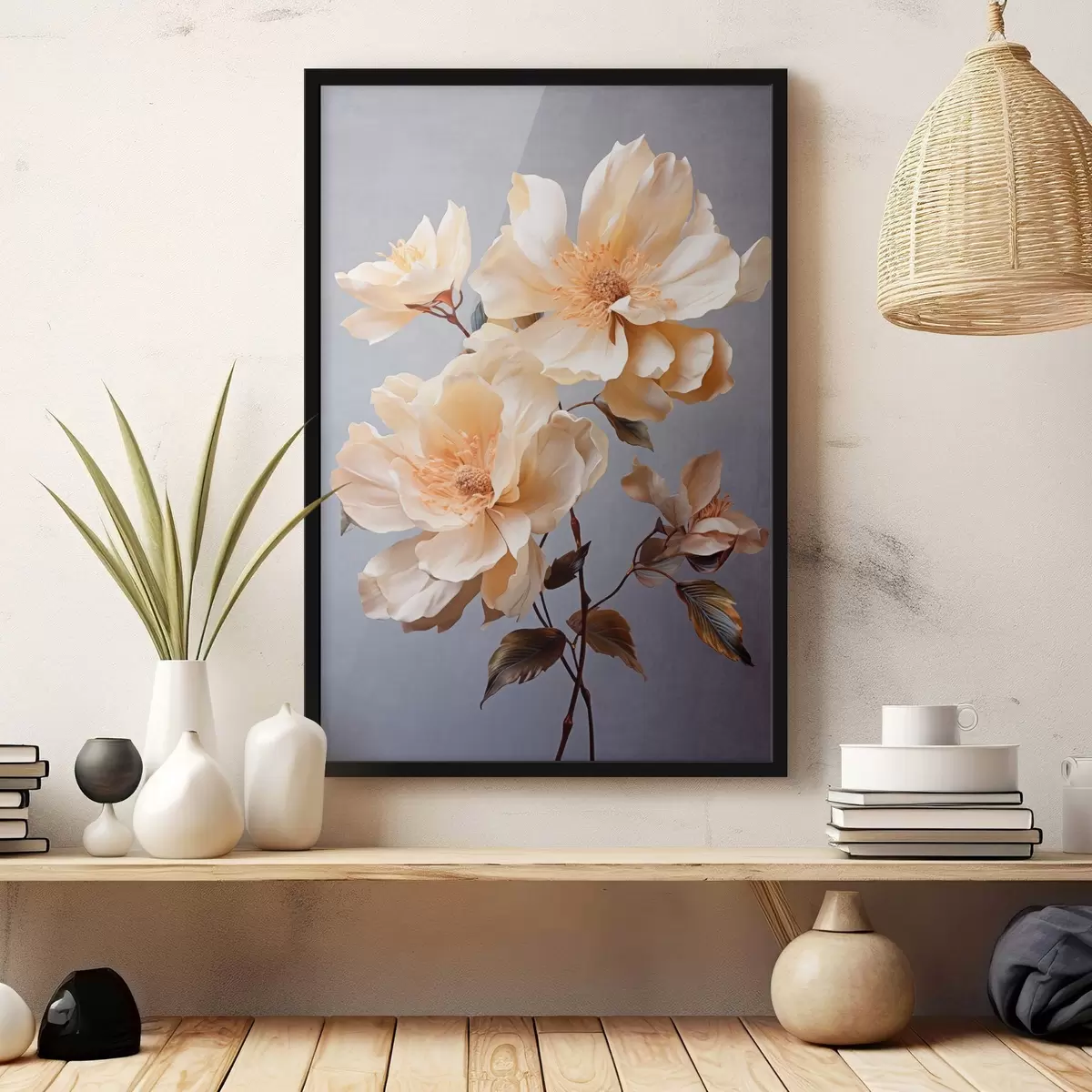 Plagáty Textúrované kvety s oranžovými piestikmi a oranžovými listami na sivom pozadí, mäkké svetlo, elegantné, detailné, realistické f45182