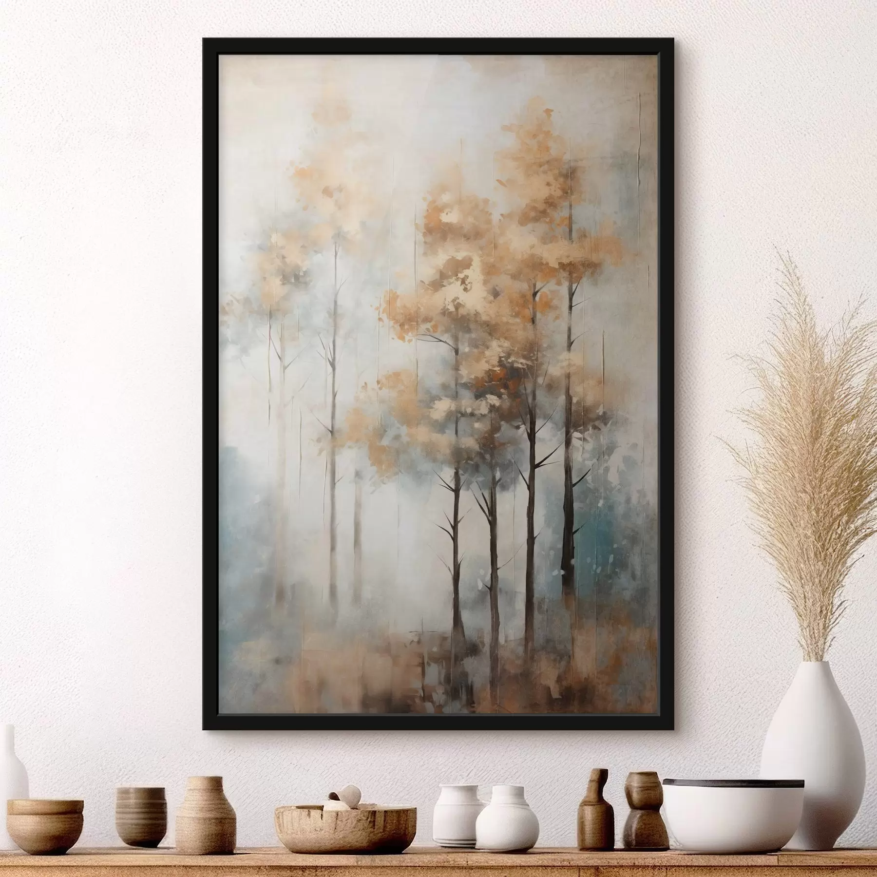 Fototapety Textúrované vysoké stromy so žltými listami v lese , pozadie je zmesou jemných modrých a hnedých tónov f45187