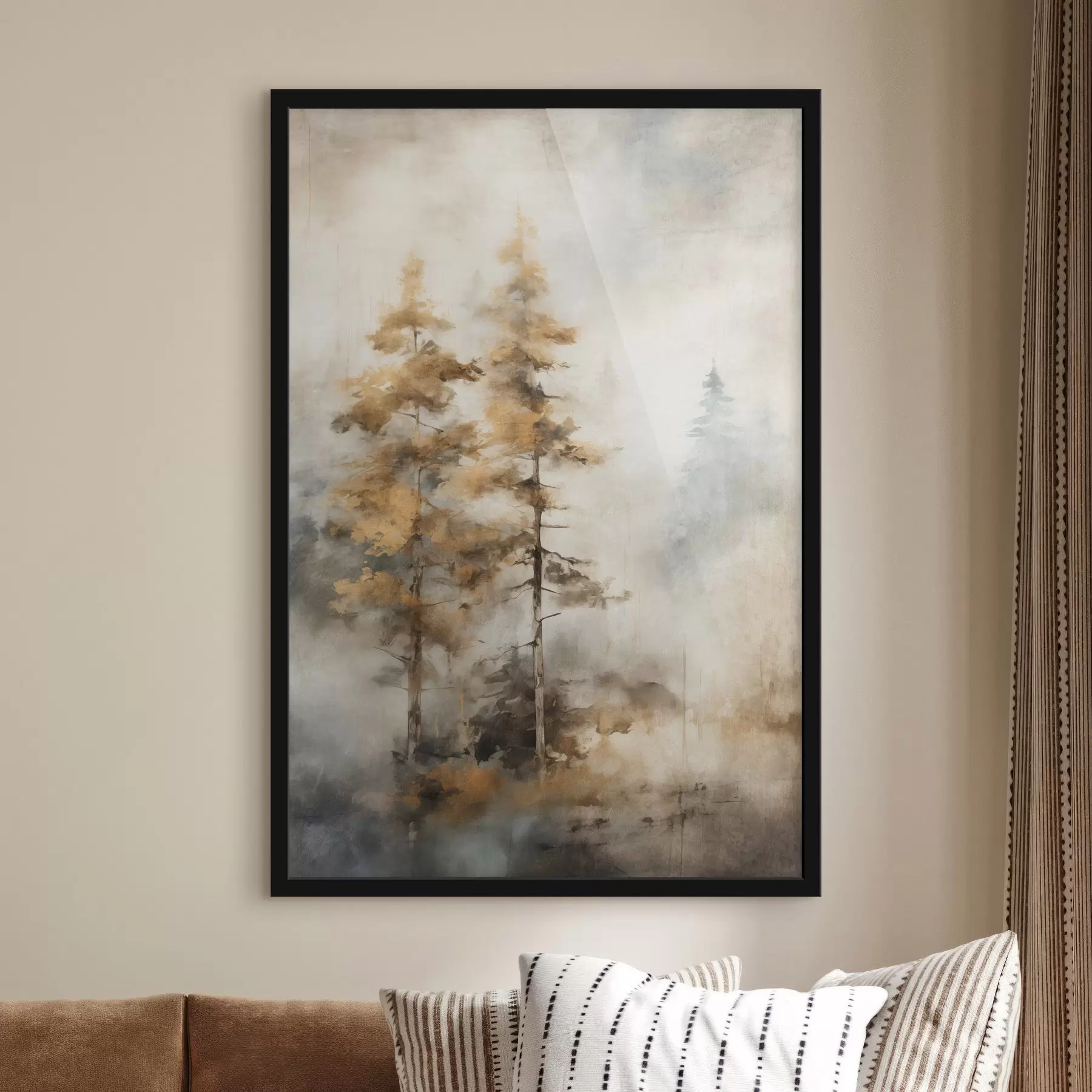 Fototapety Textúrované vysoké stromy so žltými listami v lese , pozadie je zmesou jemných modrých a hnedých tónov f45188