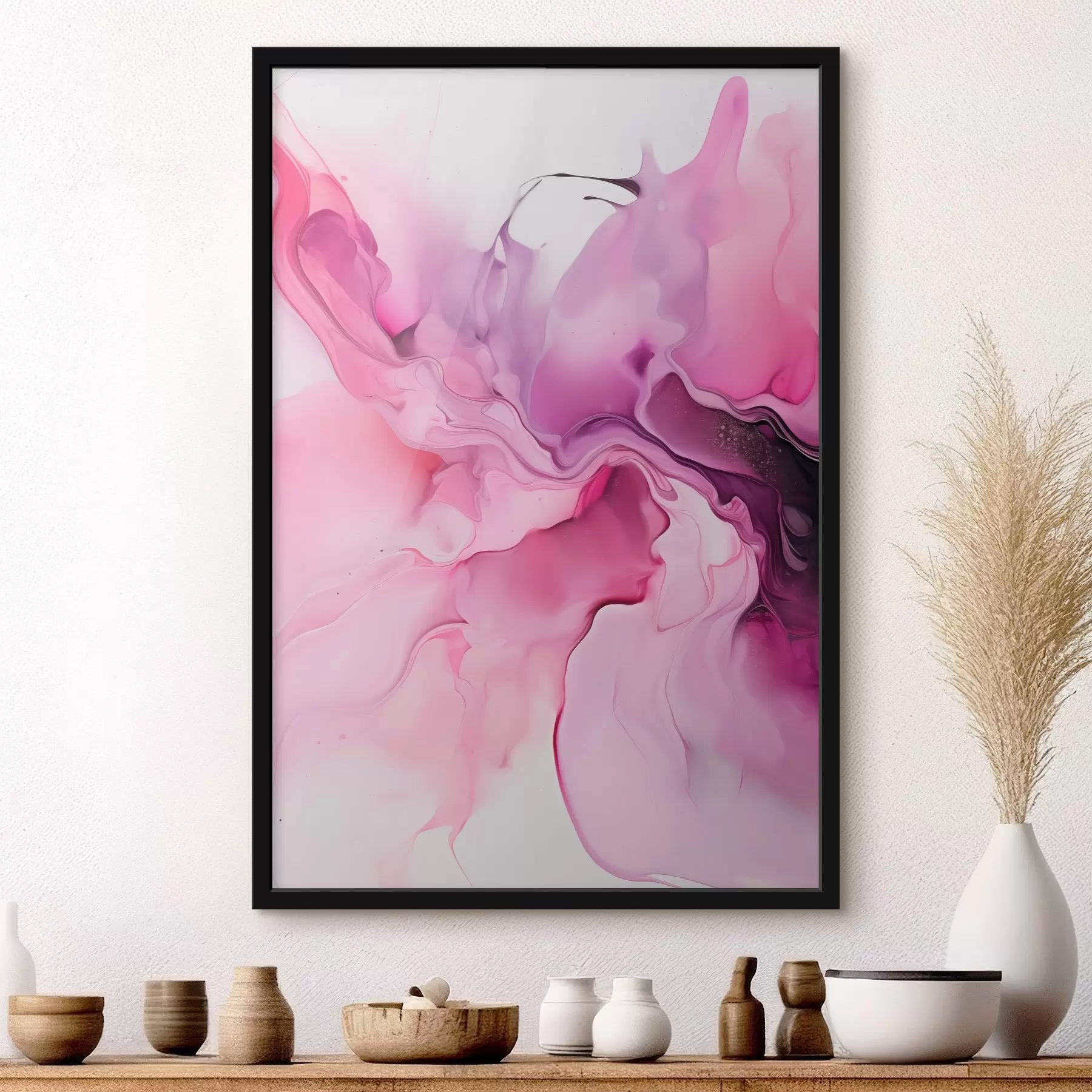 Fototapety Abstraktné víry ružovej, fialovej a čiernej farby sa prelínajú do organickej kompozície a vytvárajú pocit pohybu f45195