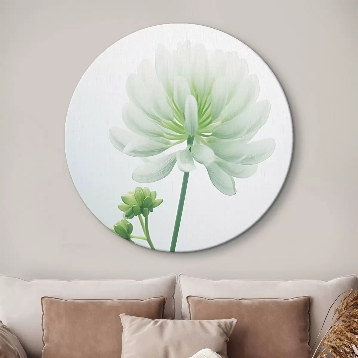 Okrúhle obrazy Biely kvet ďateliny so zelenou stonkou a listami, mäkké osvetlenie, čisté pozadie, minimalistická kompozícia, botanické r45171