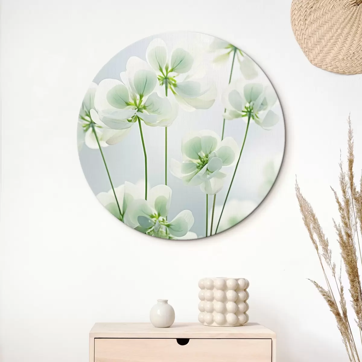 Okrúhle obrazy Biele kvety ďateliny so zelenou stonkou a listami, mäkké osvetlenie, čisté pozadie, minimalistické zloženie, botanické r45172