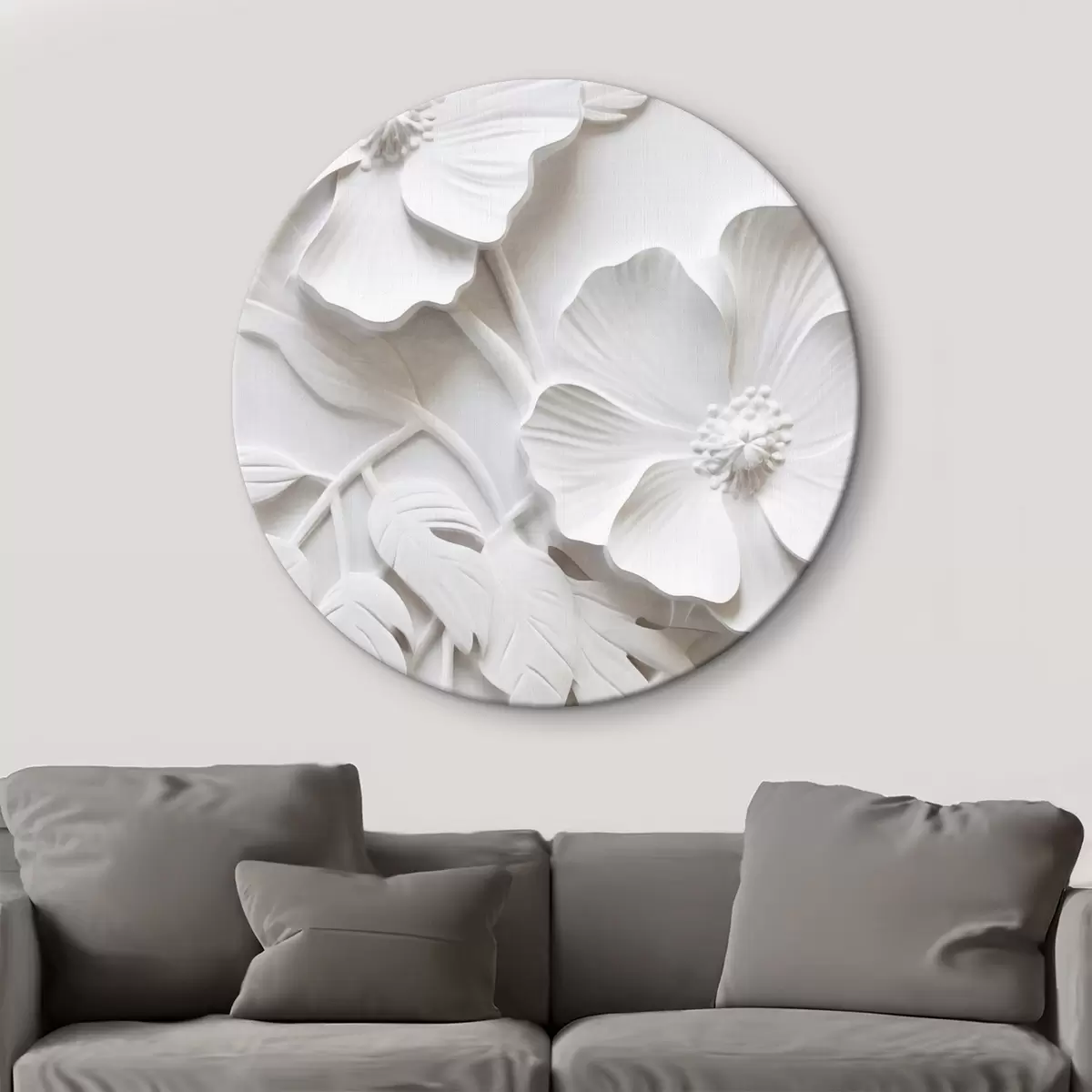 Okrúhle obrazy Dekoratívne minimalistické biele kvety s listami, imitácia reliéfu, biele pozadie r45179
