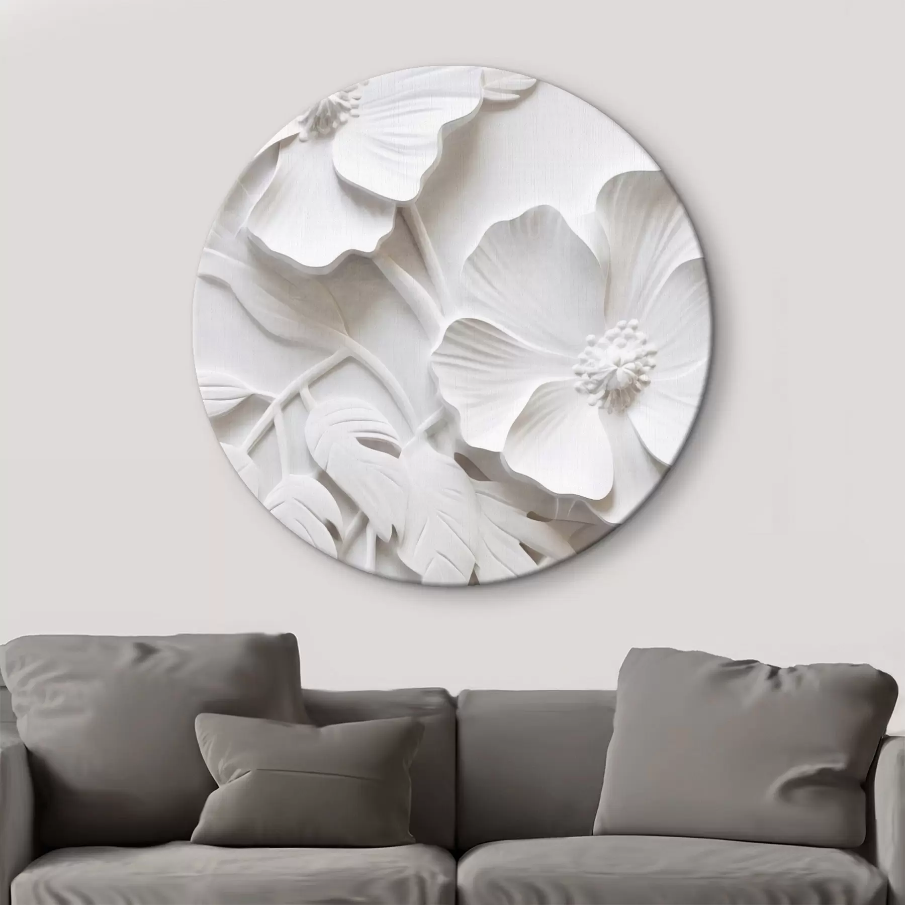 Obraz Dekoratívne minimalistické biele kvety s listami, imitácia reliéfu, biele pozadie r45179