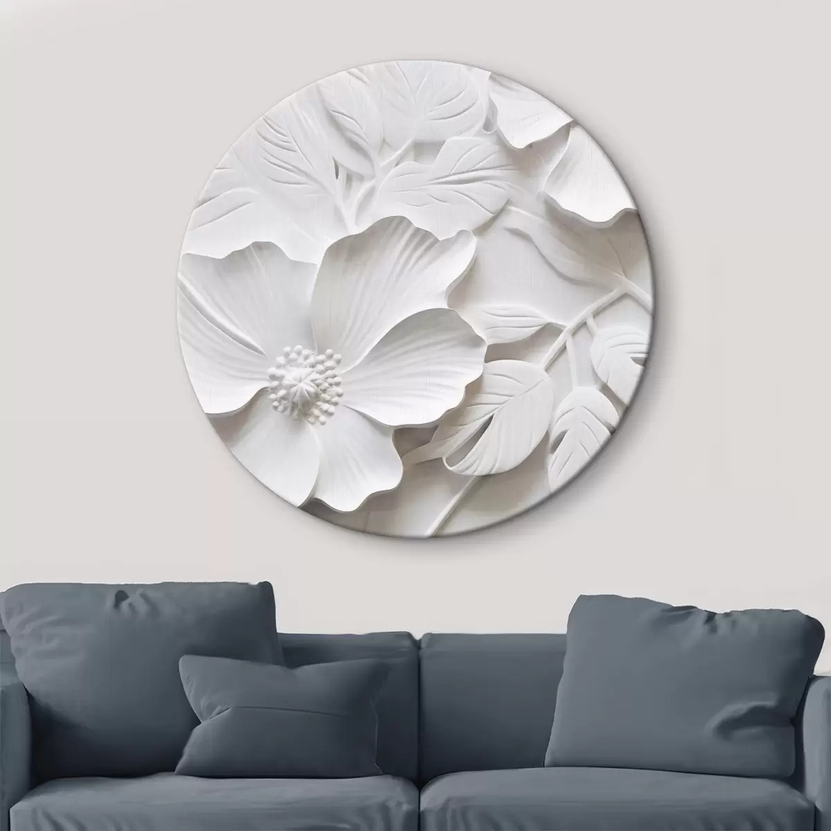 Okrúhle obrazy Dekoratívne minimalistické biele kvety s listami, imitácia reliéfu, biele pozadie r45180