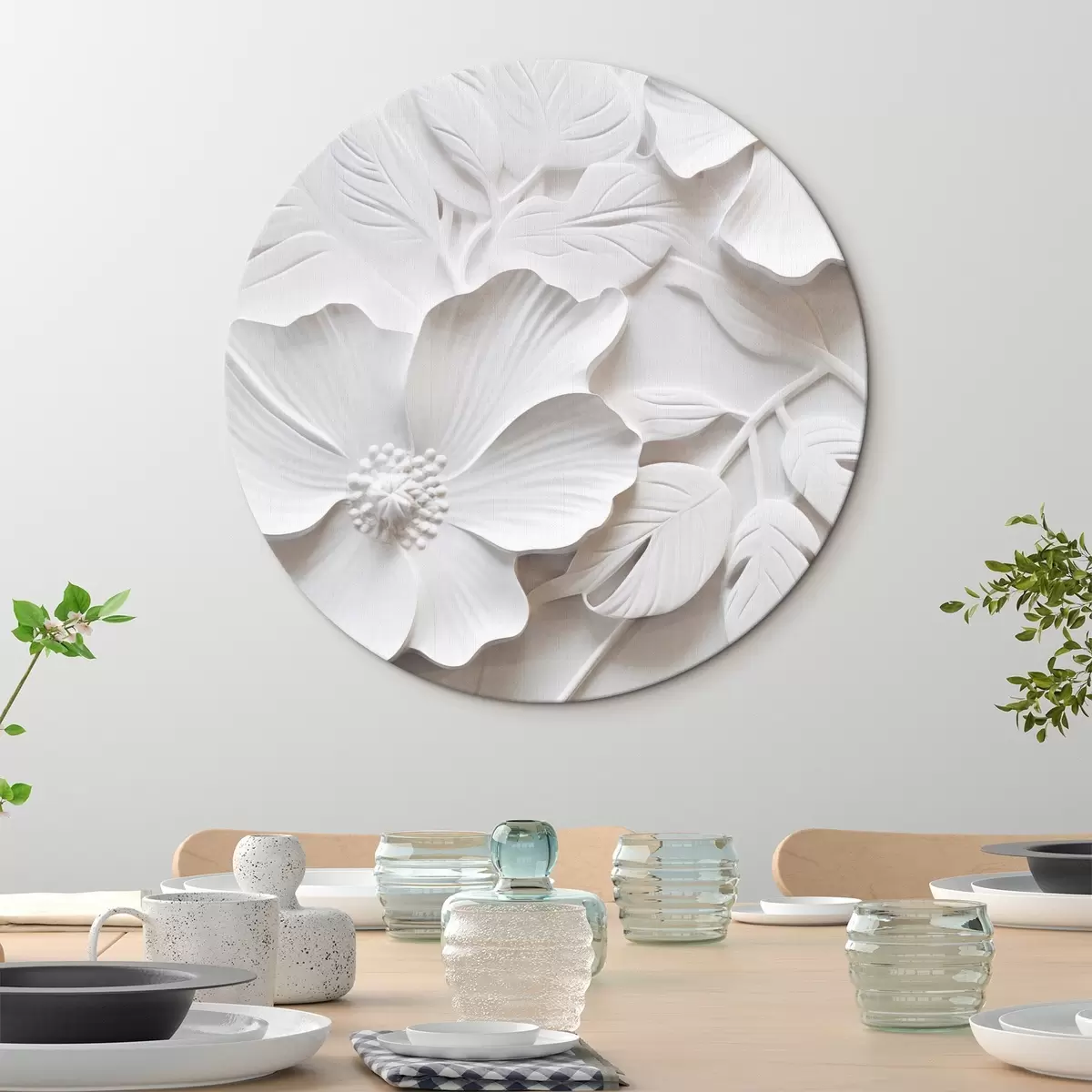 Okrúhle obrazy Dekoratívne minimalistické biele kvety s listami, imitácia reliéfu, biele pozadie r45180