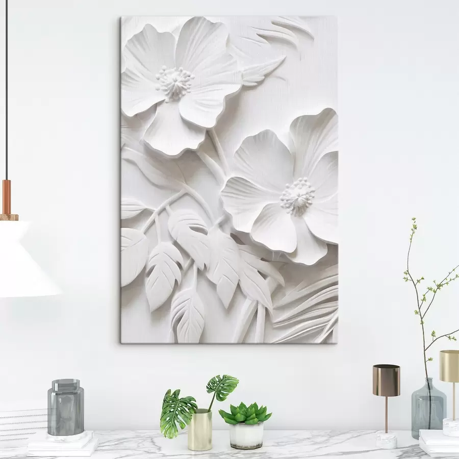 Obraz Dekoratívne minimalistické biele kvety s listami, imitácia reliéfu, biele pozadie s45179
