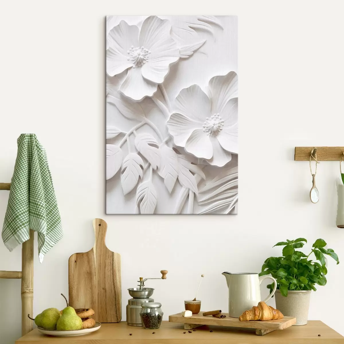 Obraz Dekoratívne minimalistické biele kvety s listami, imitácia reliéfu, biele pozadie s45179