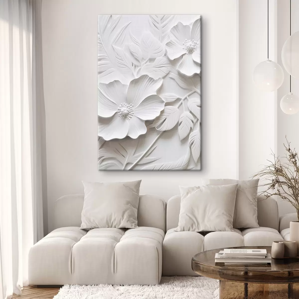 Obraz Dekoratívne minimalistické biele kvety s listami, imitácia reliéfu, biele pozadie s45180