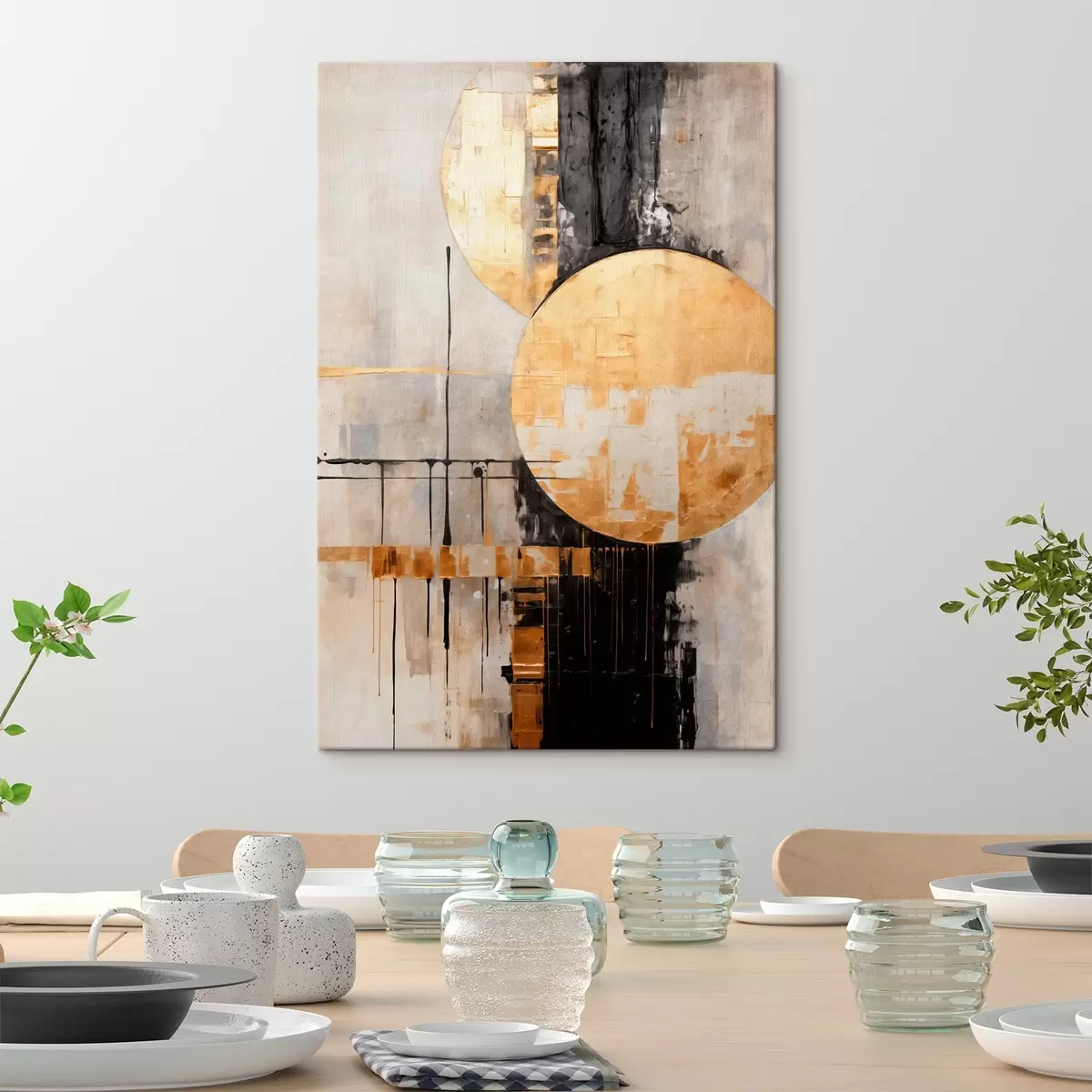 Obraz Abstraktná maľba s kruhmi, čiernymi a žltými čiarami a pozadím so sivými a bielymi tónmi s45185