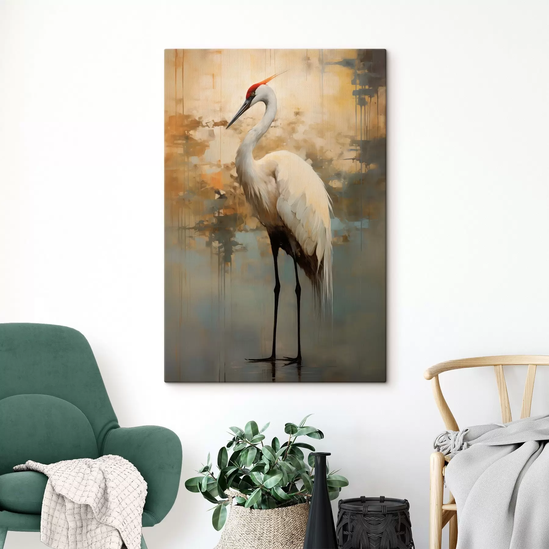 Obraz Biela volavka na pozadí tlmených žltých, hnedých a modrých odtieňov naznačujúcich hmlistú abstraktnú krajinu s45192