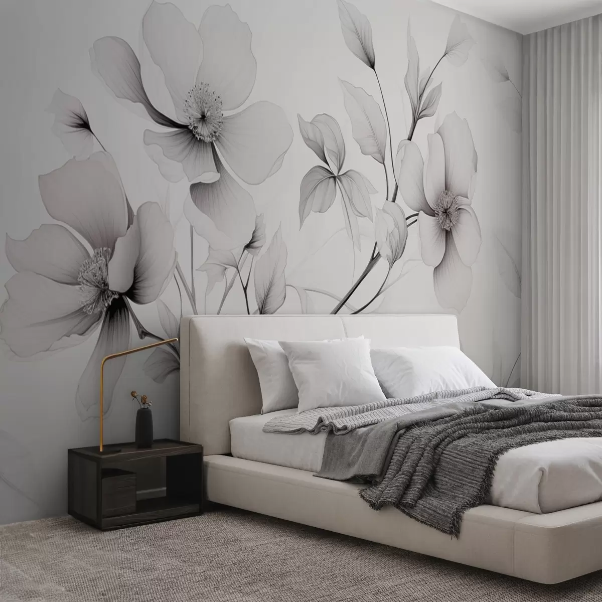 Fototapety Čiernobiele kvety s elegantnými líniami na sivom pozadí w09271