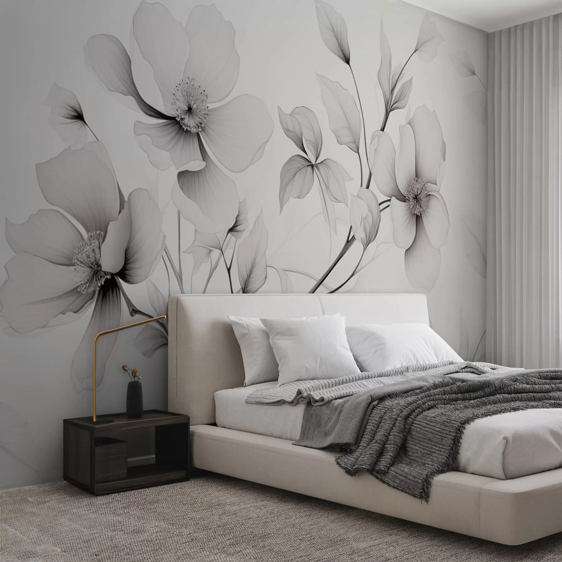 Fototapety Čiernobiele kvety s elegantnými líniami na sivom pozadí w09271